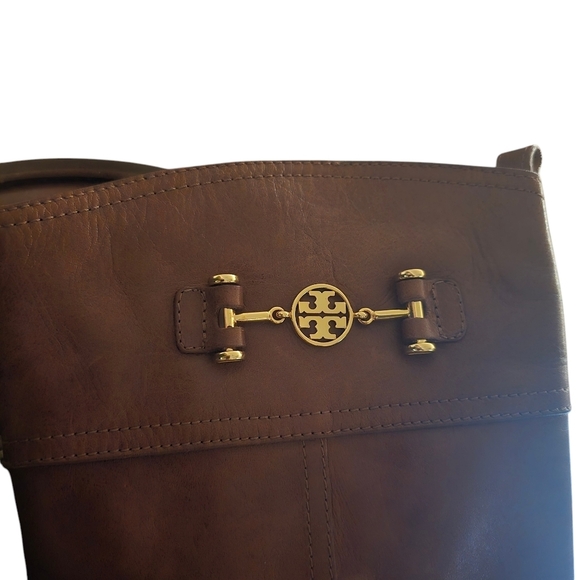 TORY BURCH Nadine Brown Leather Riding Boots Gold Hardware - Picture 3 of 6